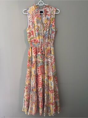 Vionic Sleeveless Multicolor Paisley Maxi Dress in Coral, Yellow & Blue